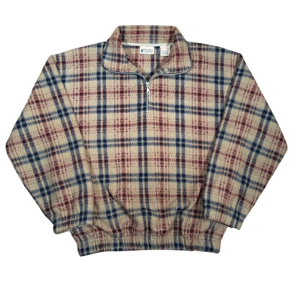 Vintage Plaid Quarter-Zip Pullover Fleece Sweater Size Large